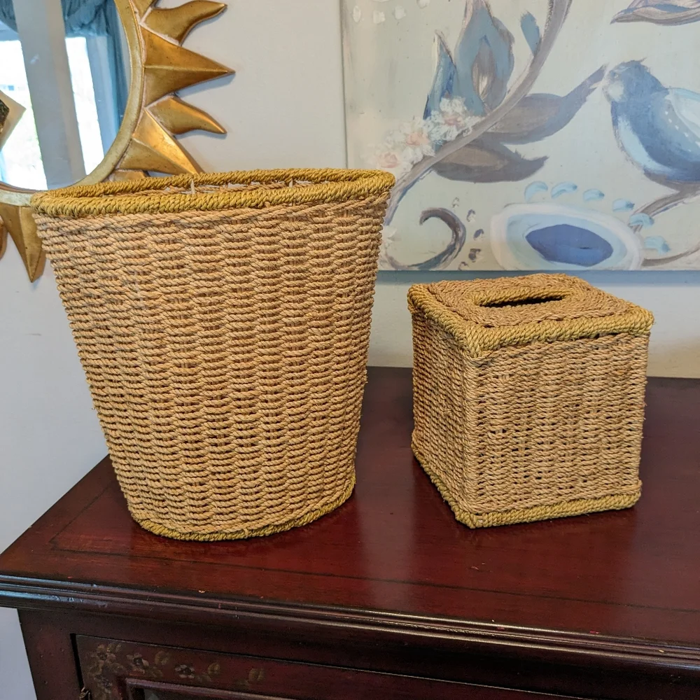 Woven Wicker Trash Can & Tall Tissue Box Cover Bohemian EUC Floral Tiles 2 Pcs